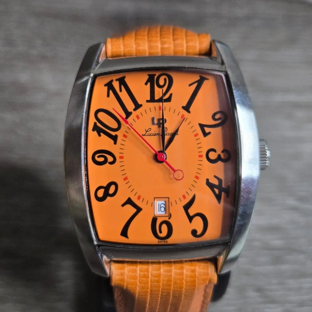 Lucien Piccard Swiss Watch Tonneau Orange Dial Date Leather Strap Water Resist